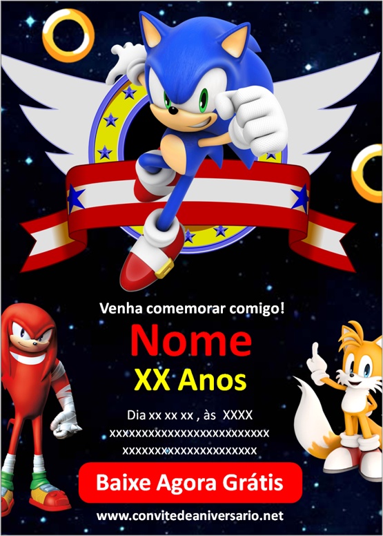 Convite Aniversário Sonic - Arte Digital