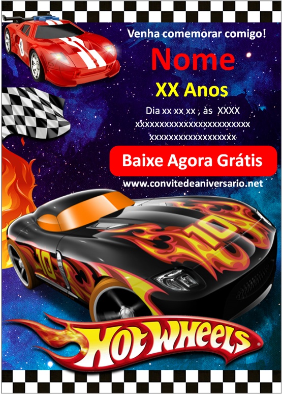 7 Artes] Convite Hot Wheels Grátis para Editar e Imprimir