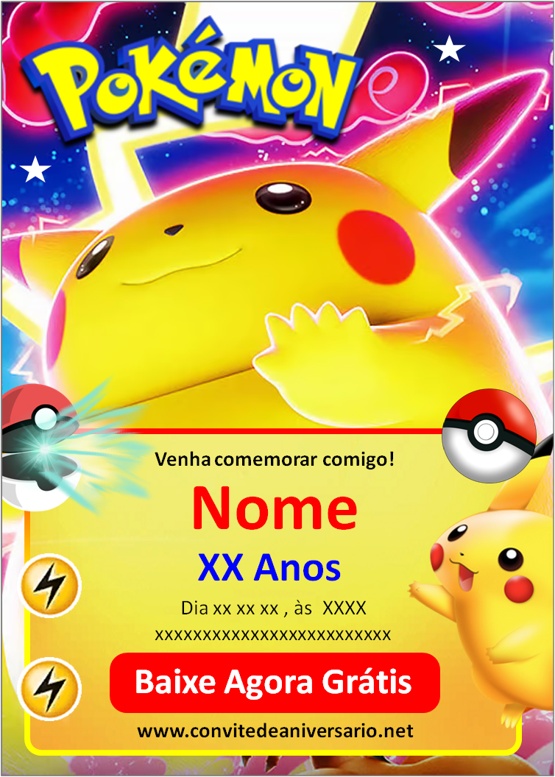 Uma graça o convite em forma de carta pokemon com o Pikachu para a