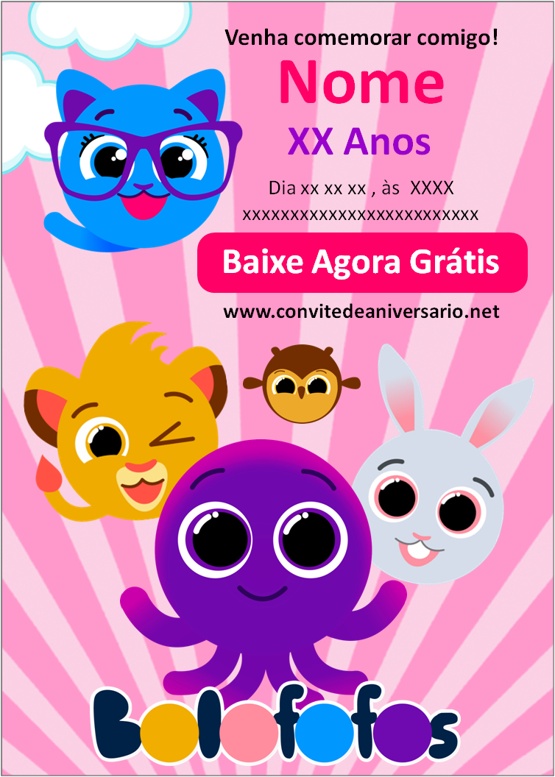 Criar convite de Bolofofos Arco-iris Rosa online grátis