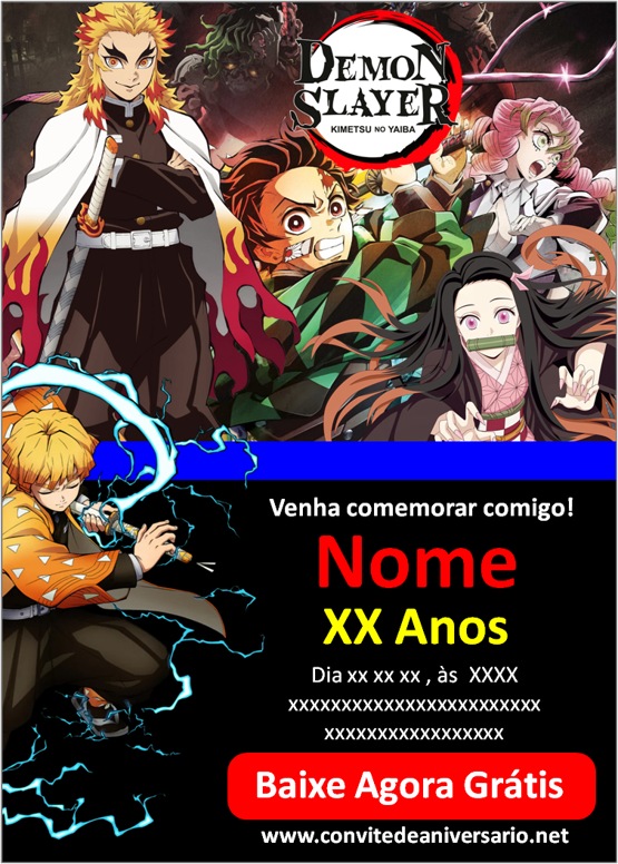 Convite Aniversário Demon Slayer Anime Kimtsu no Yaiba - Edite
