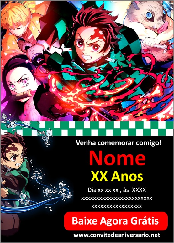 Convite Demon Slayer Anime Kimetsu no Yaiba - Edite grátis com
