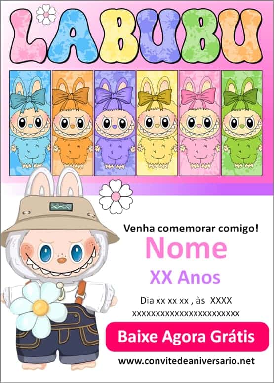 design de convite Labubu para impressão